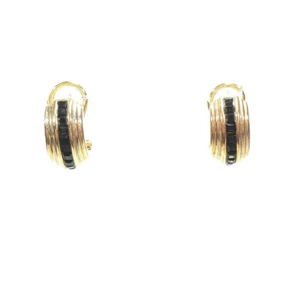 Gold Tone Jet Black Crystal Earrings French Backs - Picture 3 of 8